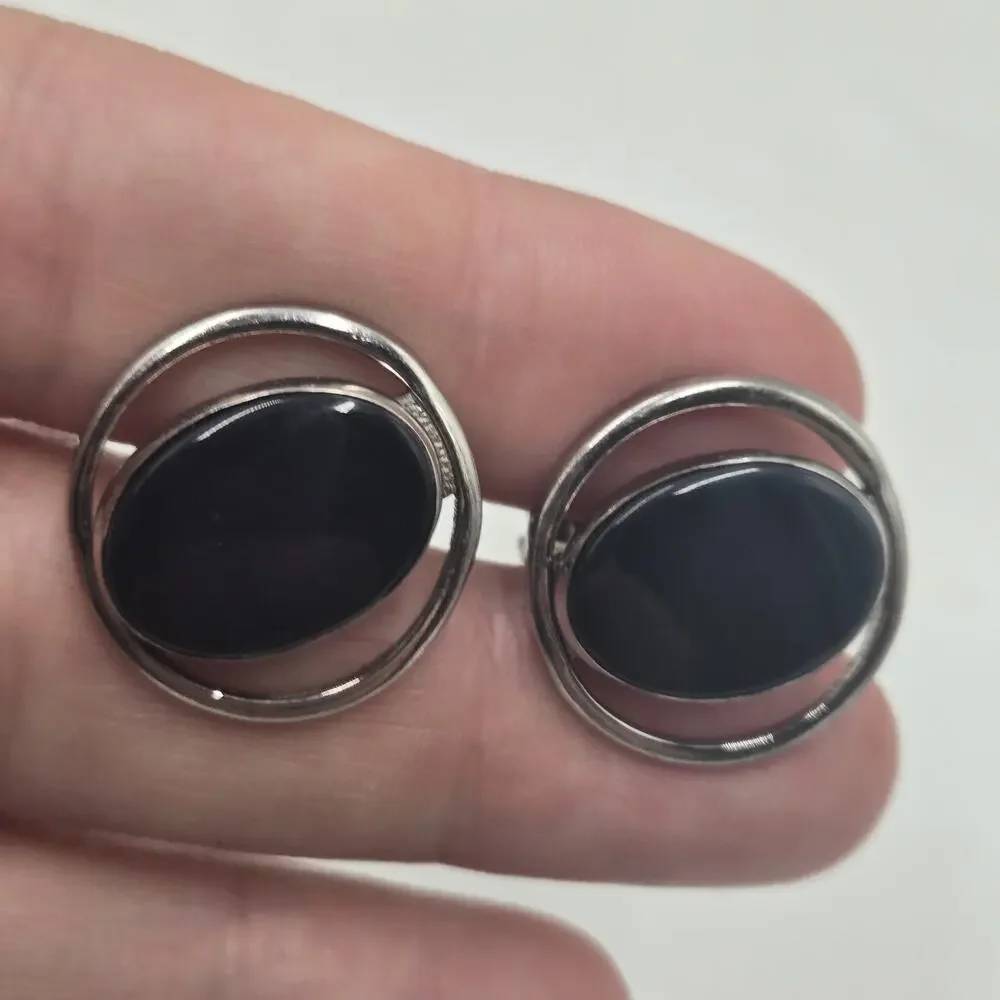 Vintage Destino Sterling Silver Onyx Oval Modernist Cufflinks Wedding Formal